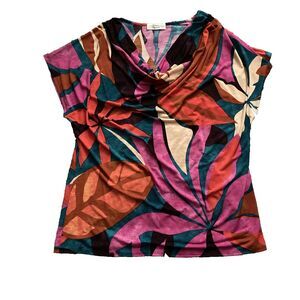 Beacon Apparel Floral Short Sleeve Blouse Womens XL Cowl Neck Tropical Resort